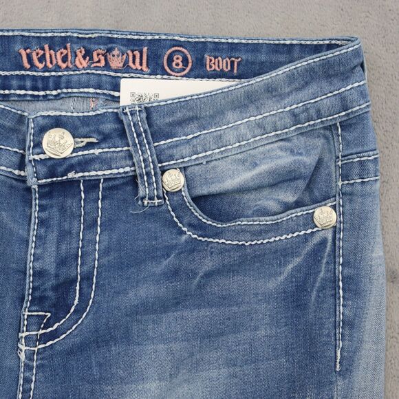 Rebel Soul Pants Womens 8 Blue Mid Rise 5 Pocket Design Boot Cut Faded Jeans - Picture 12 of 16